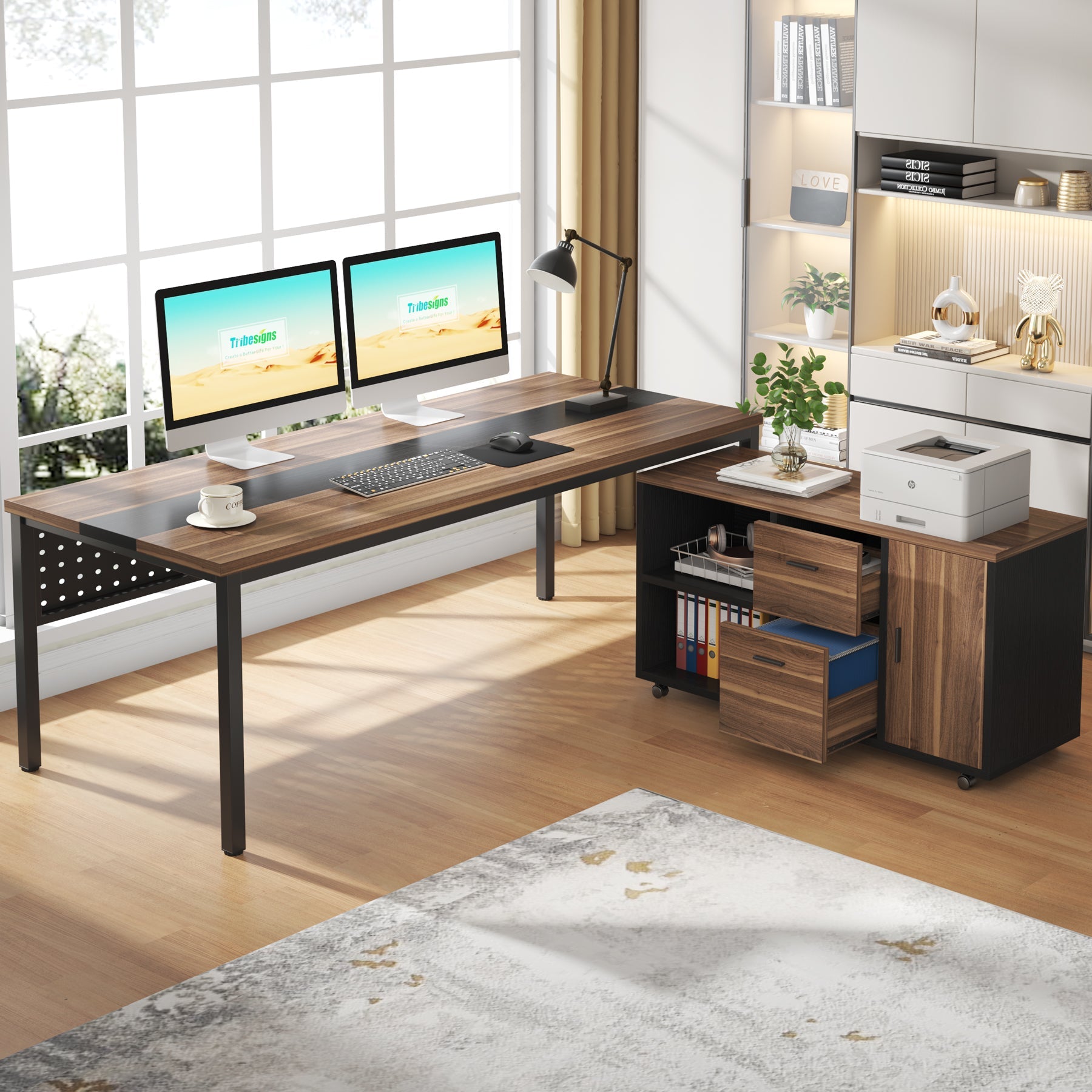 L-Shaped Desk, 71" Executive Desk with 47" Mobile File Cabinet Tribesigns